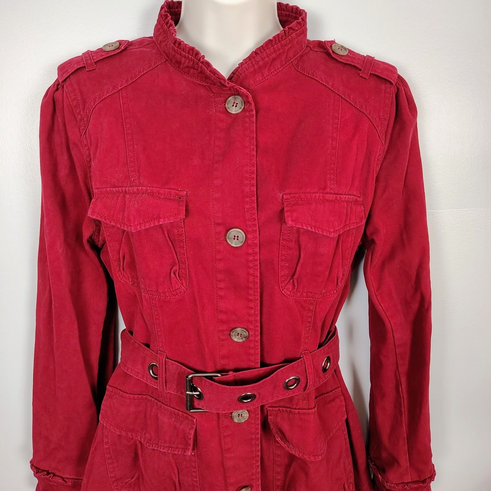 Converse One Star Red Cotton Utility Field Jacket Ruffle Neck Belted Womens L - Picture 2 of 10